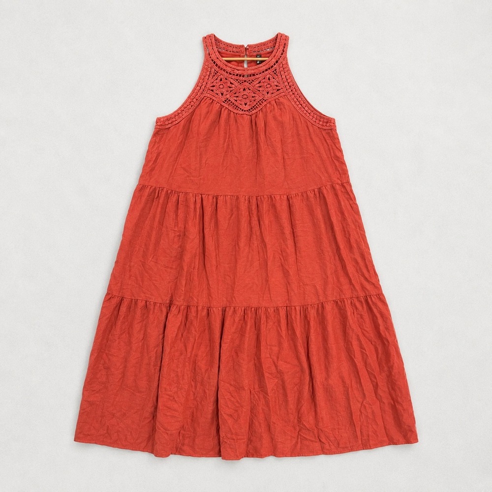 BTFBM‎ Dress Womens XXL Sleeveless Tiered Crochet Lace Neck Boho Swing Cotton